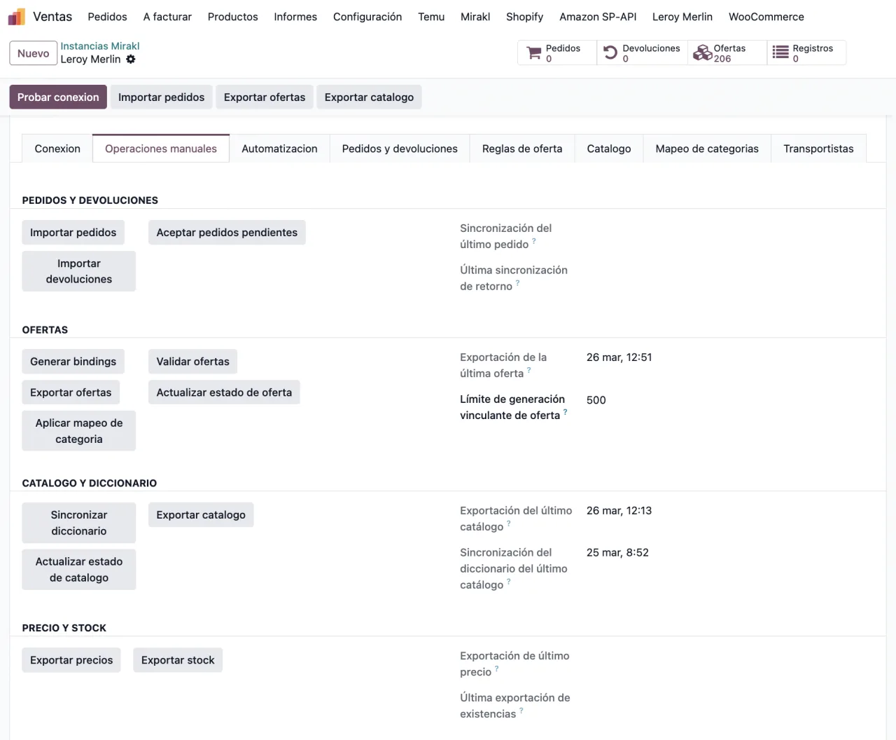Operaciones manuales del conector Superdrug en Odoo