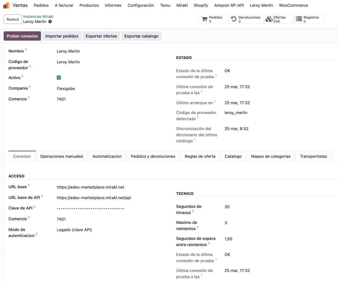 Instancia de Leroy Merlin en Odoo, con el estado de la conexión, las ofertas publicadas y las pestañas de catálogo y transportistas.