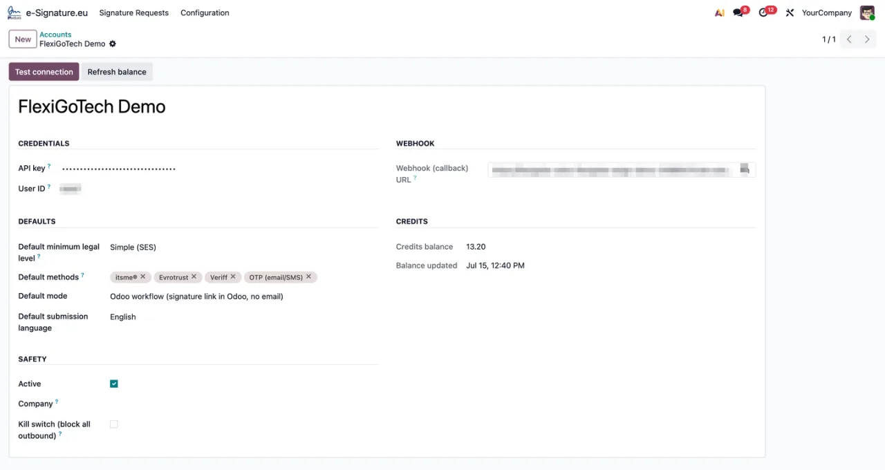 Cuenta de e-Signature.eu configurada dentro de Odoo, con los métodos itsme, Evrotrust, Veriff y OTP y el saldo de créditos