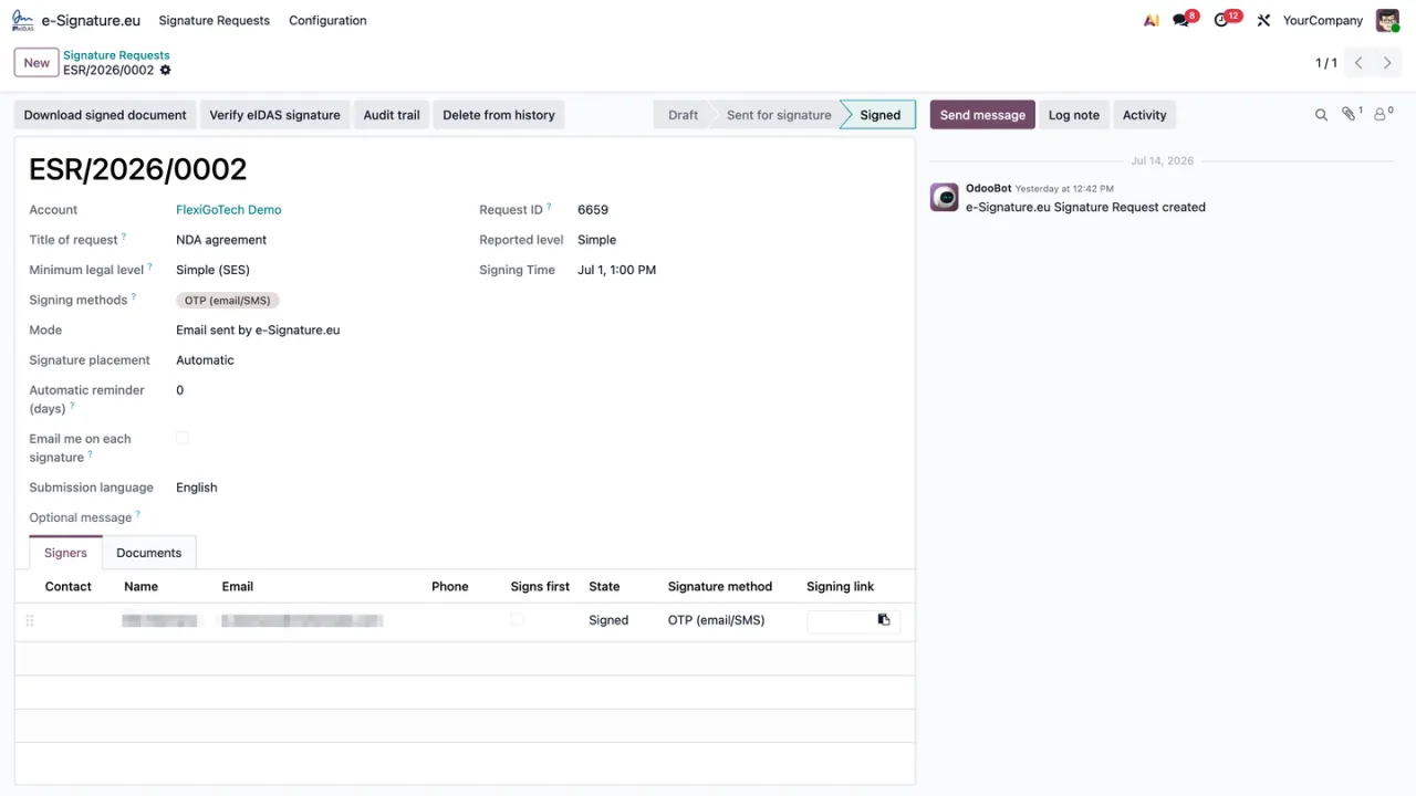 Solicitud de firma completada dentro de Odoo: nivel legal mínimo, método de firma, barra de estados en Signed y botones de descarga del documento firmado, verificación eIDAS y audit trail