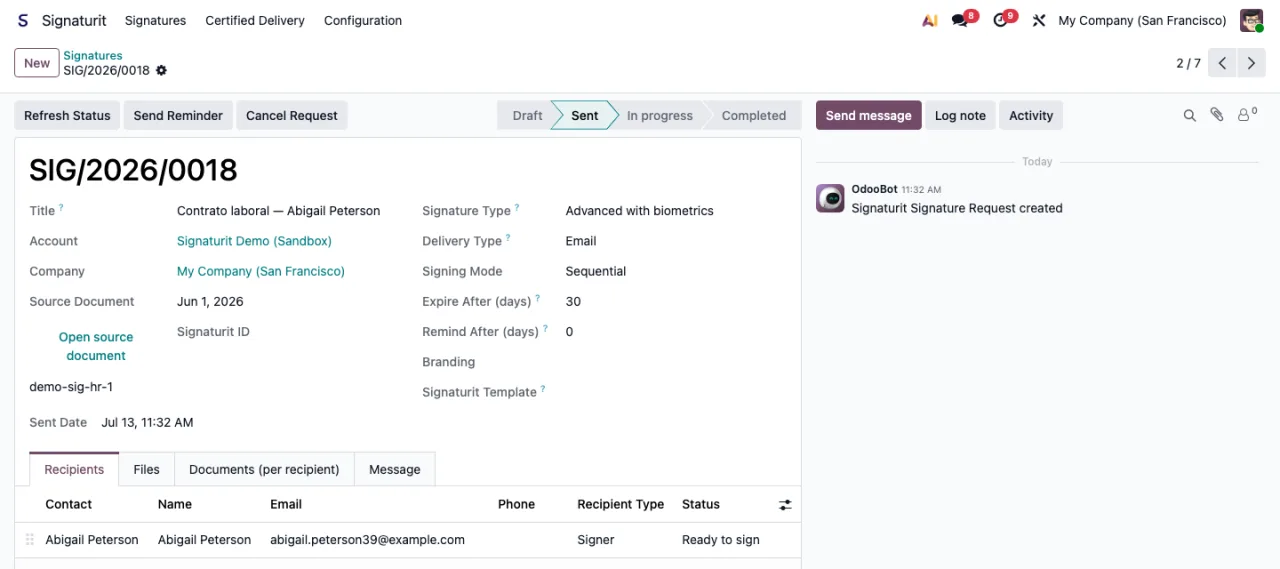 Contrato laboral enviado a firmar desde Odoo, con la barra de estados en «Sent» y el destinatario en «Ready to sign»