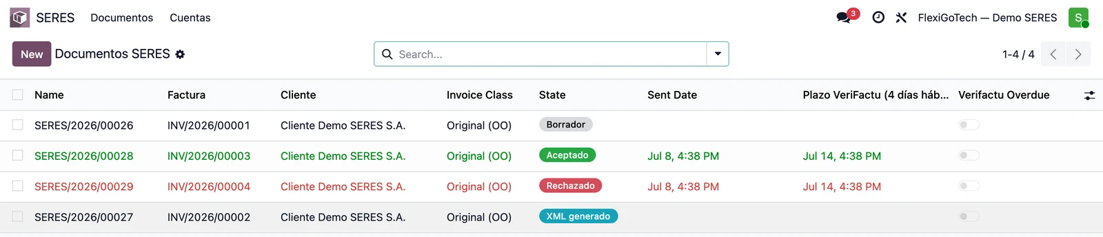 Lista de documentos SERES en Odoo 19 con las columnas Factura, Cliente, Invoice Class, State, Sent Date y el plazo, mostrando los estados Borrador, XML generado, Aceptado y Rechazado