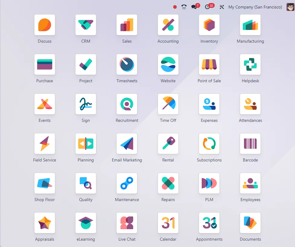 Pantalla de Apps de Odoo mostrando el listado de módulos instalados y activos en un backend real