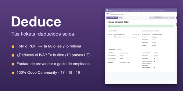 Portada del módulo Deduce - AI Invoice, Receipt & Expense OCR + EU VAT Deduction para Odoo