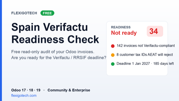 Portada del módulo Spain Verifactu Readiness Check (Free Audit) para Odoo