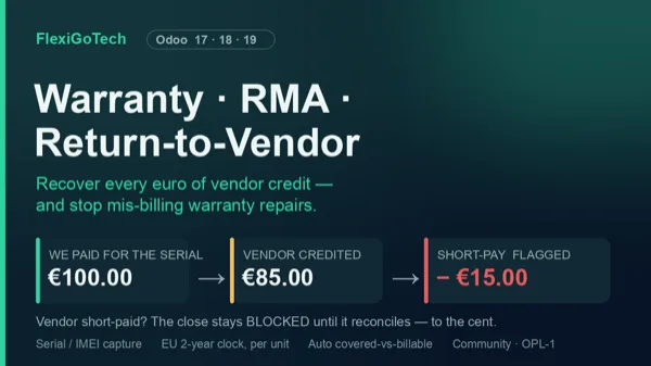 Garantías, RMA y devolución a proveedor: portada del módulo en el odoo app store