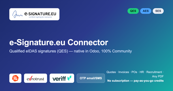 Portada del módulo eIDAS-Compliant Signatures for Odoo — e-Signature.eu Connector para Odoo