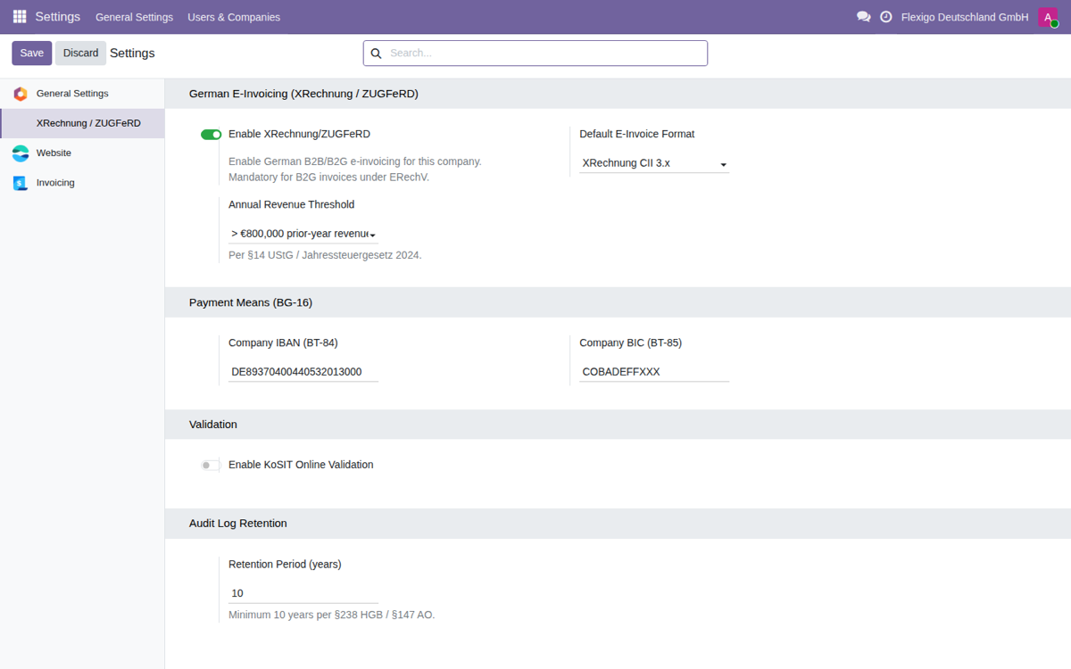 XRechnung & ZUGFeRD for Odoo 19 — Ajustes de e-facturación