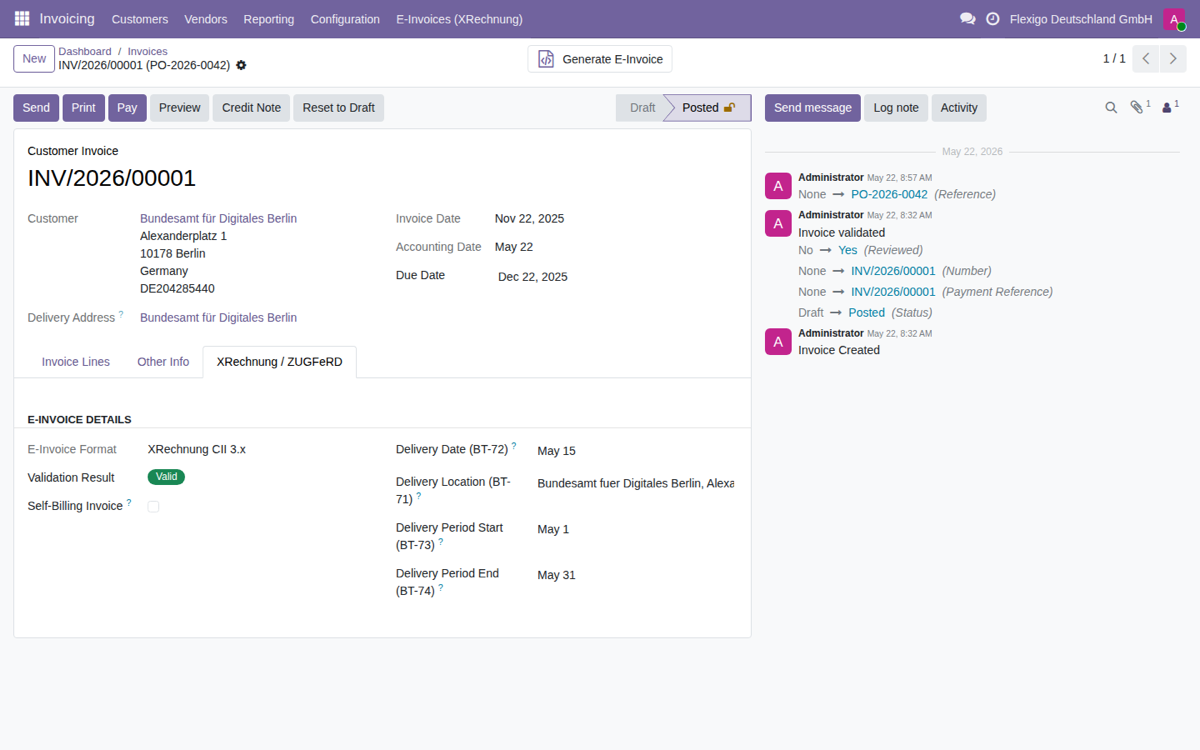 XRechnung & ZUGFeRD for Odoo 19 — Factura con estado válido