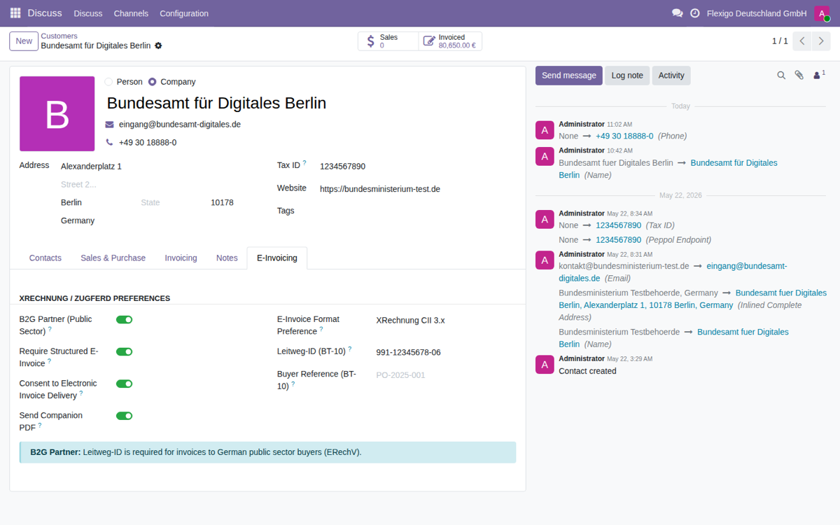 XRechnung & ZUGFeRD for Odoo 19 — Pestaña B2G del cliente