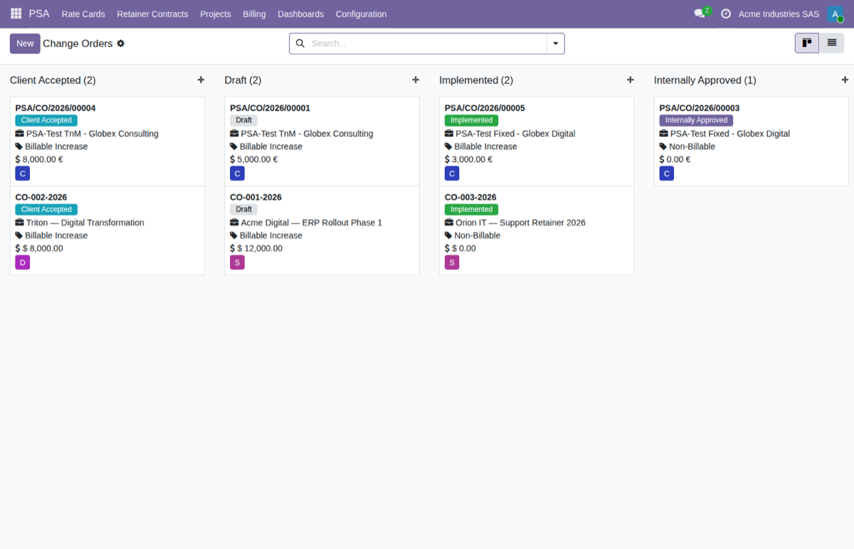 Professional Services Automation (PSA) for Odoo — Ordenes de cambio