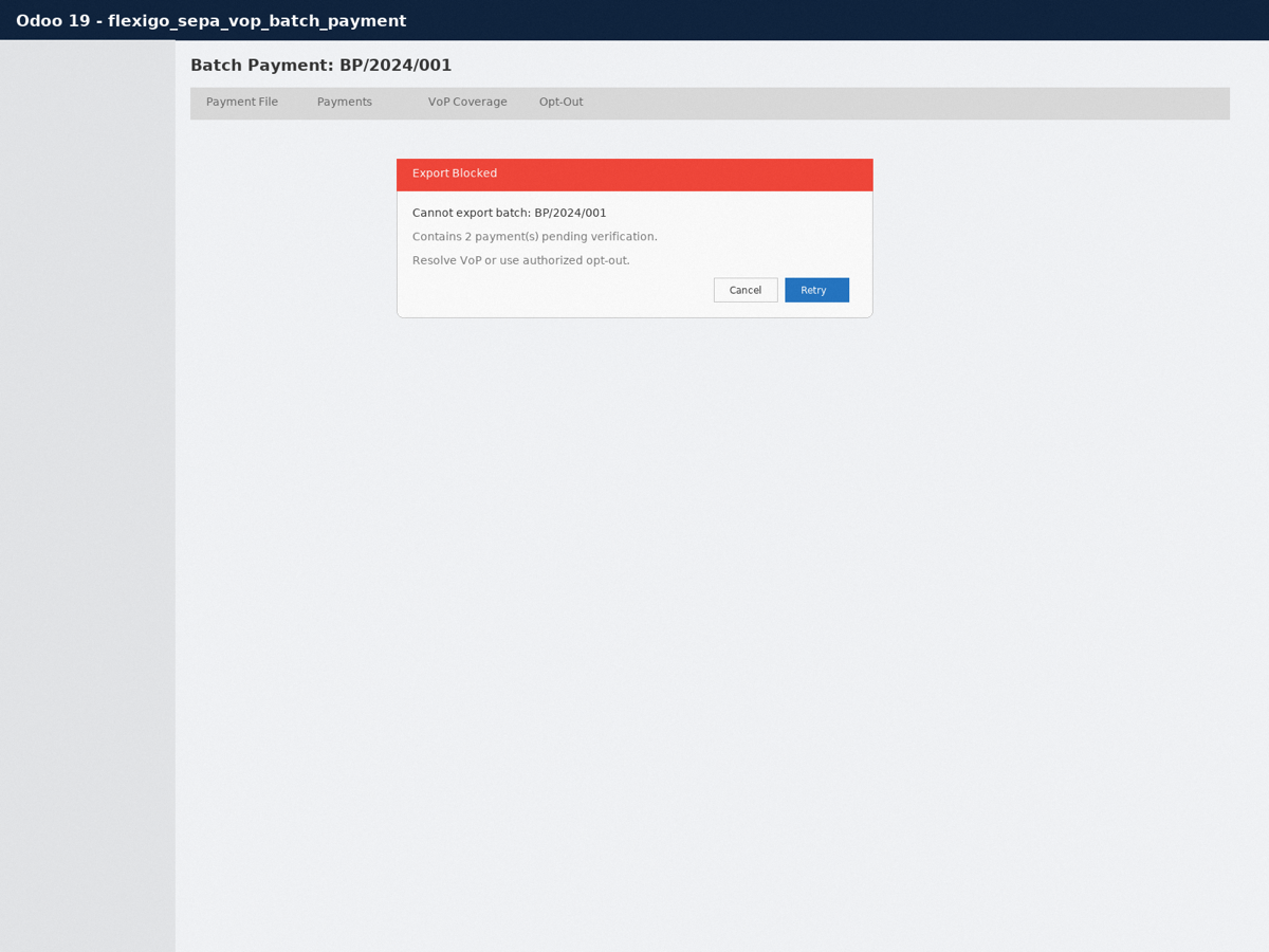 Flexigo SEPA VoP — Batch Payment bridge — Exportación SEPA bloqueada