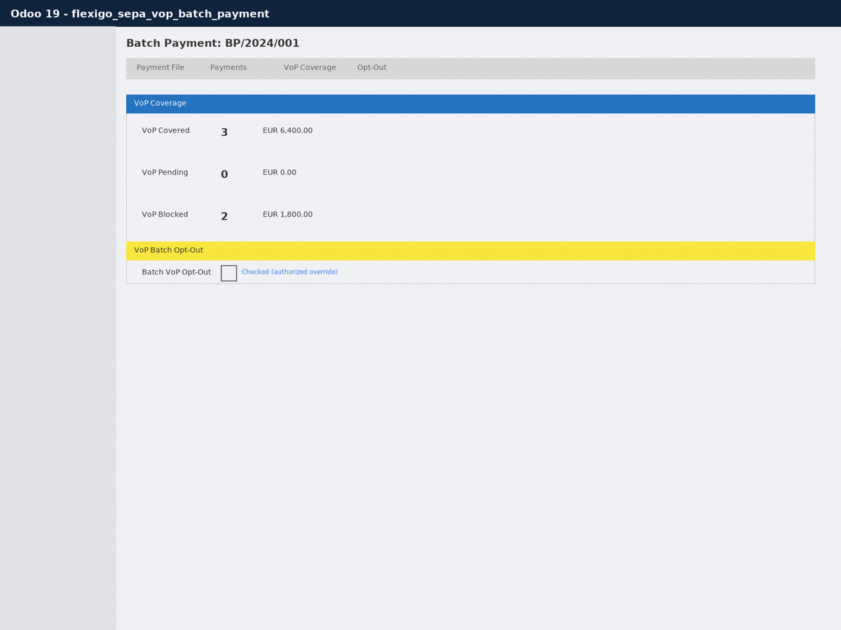 Flexigo SEPA VoP — Batch Payment bridge — Opt-out autorizado del lote