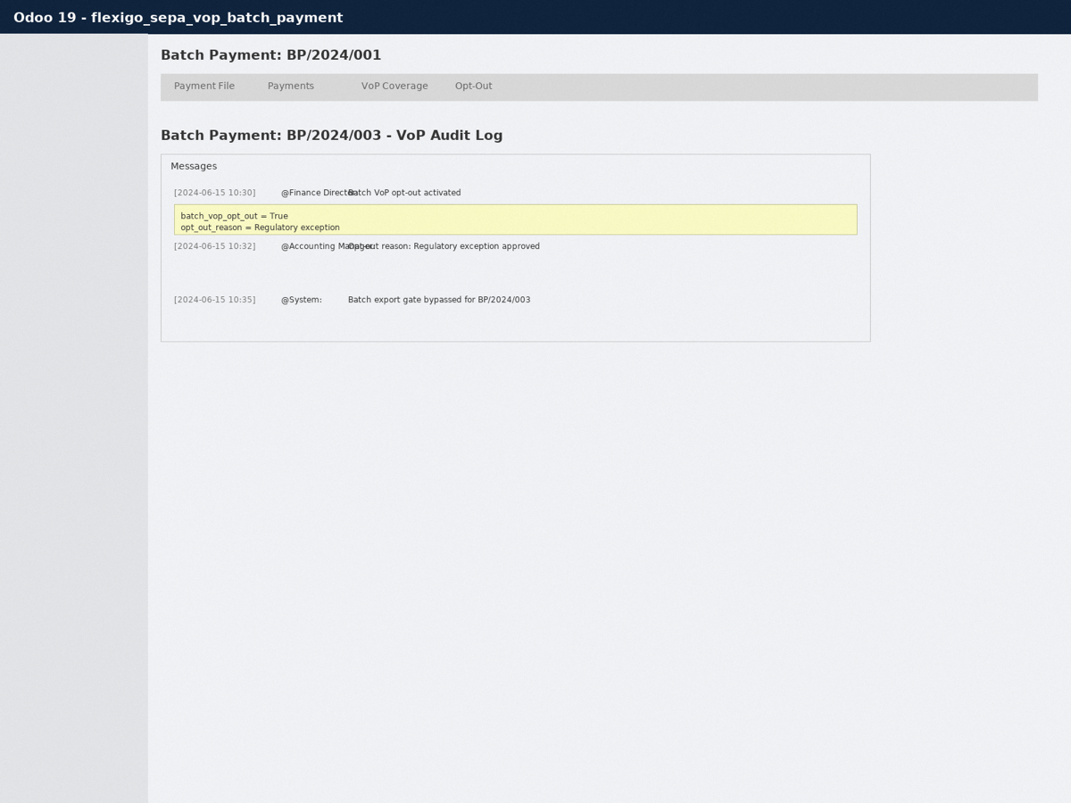 Flexigo SEPA VoP — Batch Payment bridge — Registro de auditoría VoP