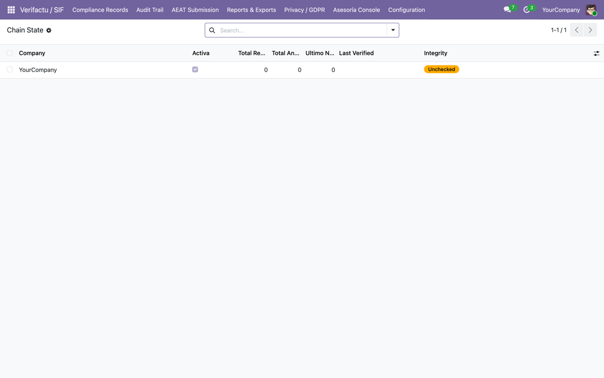 VeriFactu España — AEAT RRSIF Compliance (Odoo 19) — Estado de la cadena