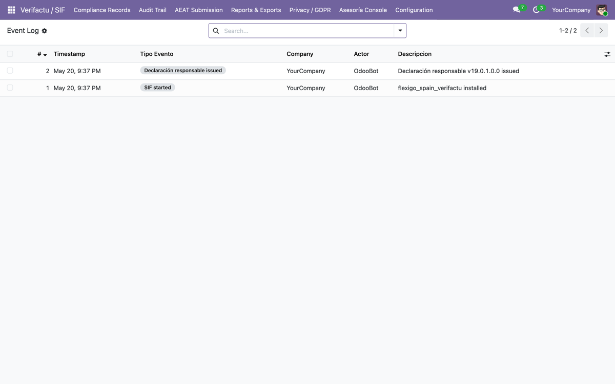 VeriFactu España — AEAT RRSIF Compliance (Odoo 19) — Registro de eventos