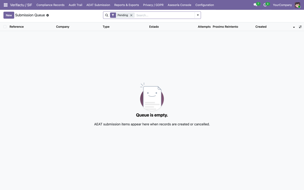 VeriFactu España — AEAT RRSIF Compliance (Odoo 19) — Cola de envio AEAT