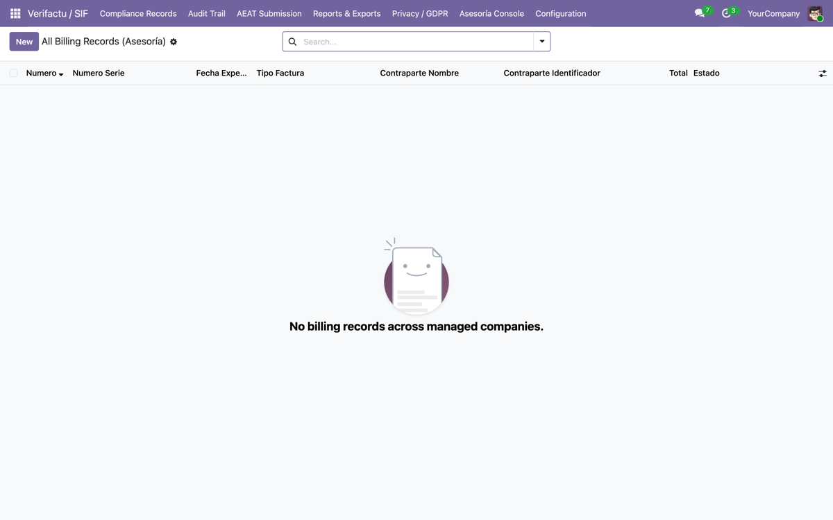 VeriFactu España — AEAT RRSIF Compliance (Odoo 19) — Consola de asesoria
