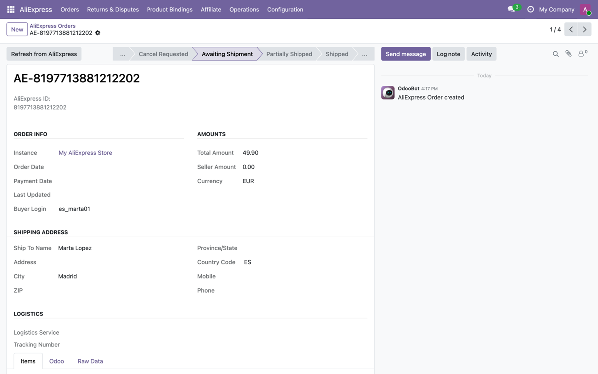 Ficha completa: direccion de envio, importes, tracking y datos crudos, sincronizados desde AliExpress.