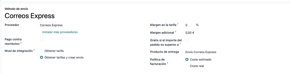Correos Express como metodo de envío Odoo: nivel de integracion, margenes y contra reembolso en un panel.
