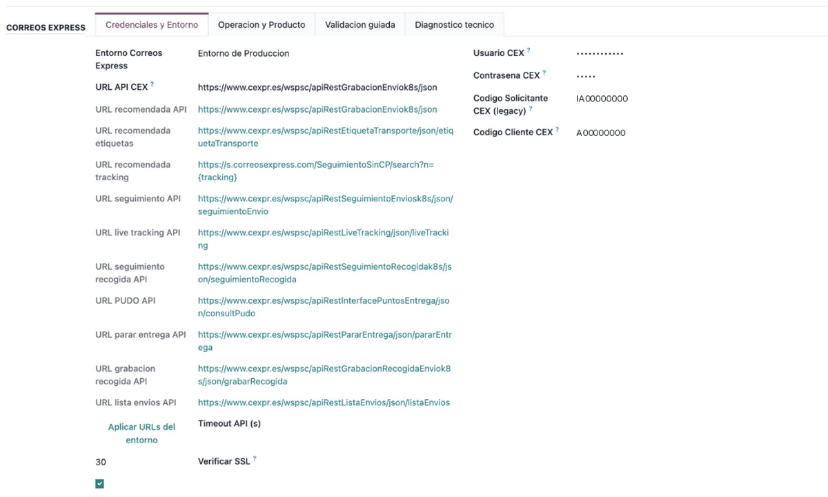 Usuario, codigos y todas las URLs de la API v2 en una pestana, con autorrelleno segun el entorno.