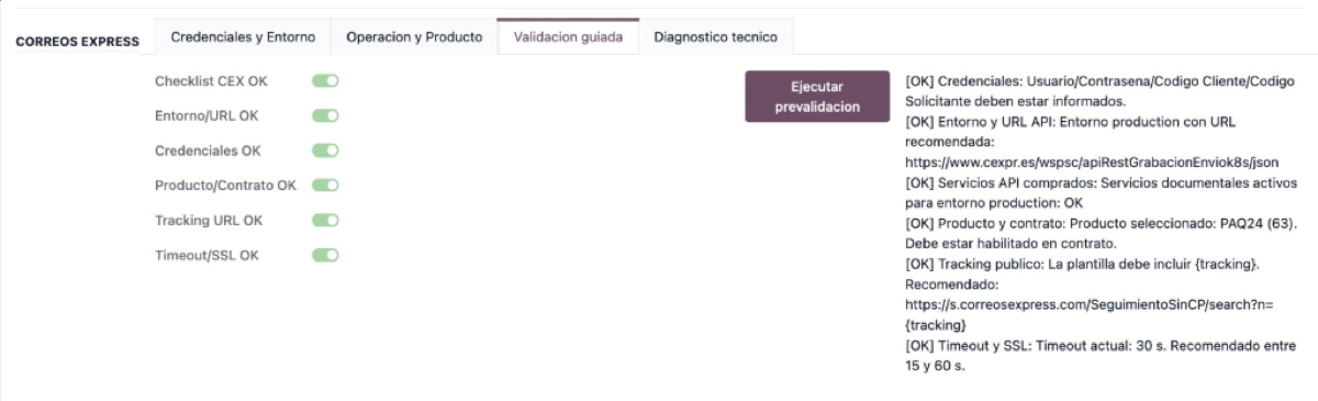 6 comprobaciones en verde antes del primer envío real, con el motivo exacto de cada resultado.
