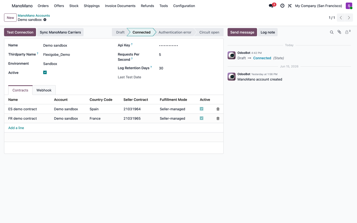 Configura la cuenta, prueba la conexion y anade un contrato por país (ES/FR) con su modo de entrega.