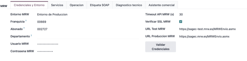Franquicia, abonado, usuario y URLs SOAP con boton Validar Credenciales: conecta con MRW sin middleware ni pruebas a ciegas.