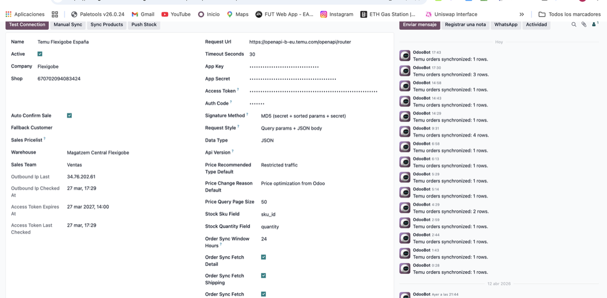 Configuras tienda, credenciales, firma y sincronizacion Temu desde Odoo, con log en vivo de pedidos importados.