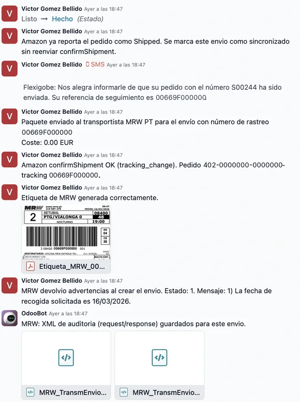 Chatter de Odoo con la cadena automática: cambio de estado, SMS al cliente, etiqueta de MRW generada y confirmación devuelta a Amazon