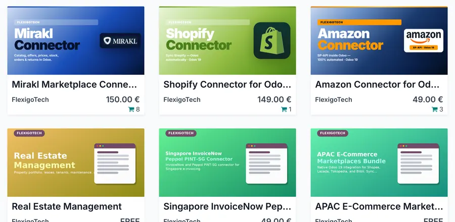 Página del autor FlexigoTech en el App Store de Odoo, con las fichas de los conectores de Mirakl, Shopify y Amazon