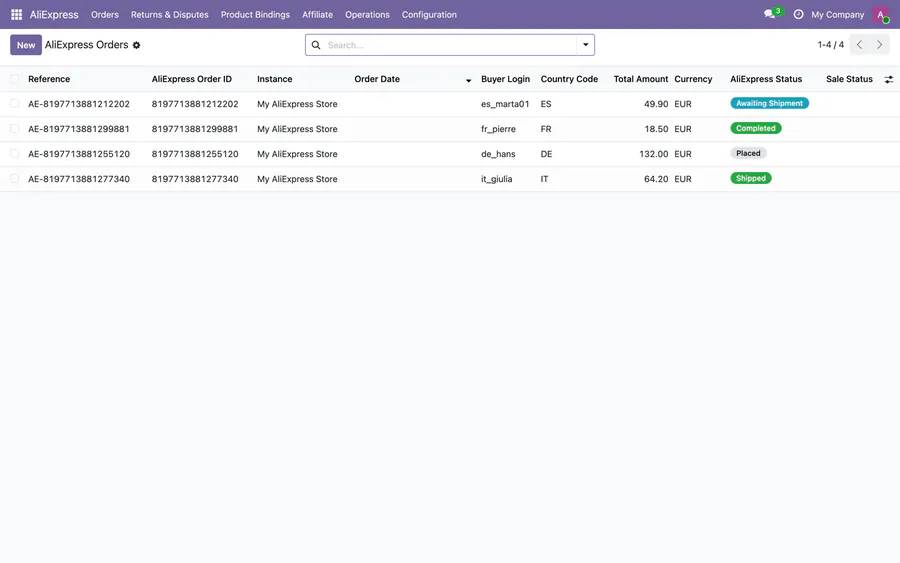 Pedidos de AliExpress dentro de Odoo, con el importe, el país del comprador y el estado de cada pedido.