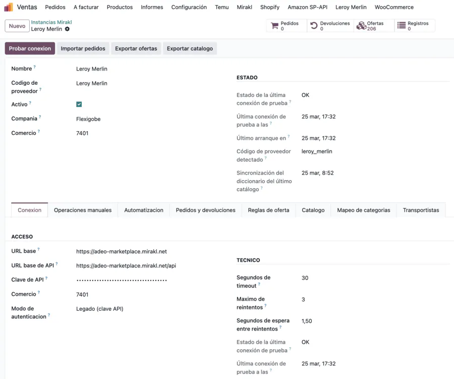 Ficha de una instancia de Mirakl en Odoo, con el estado de la conexión y las pestañas de catálogo y pedidos.
