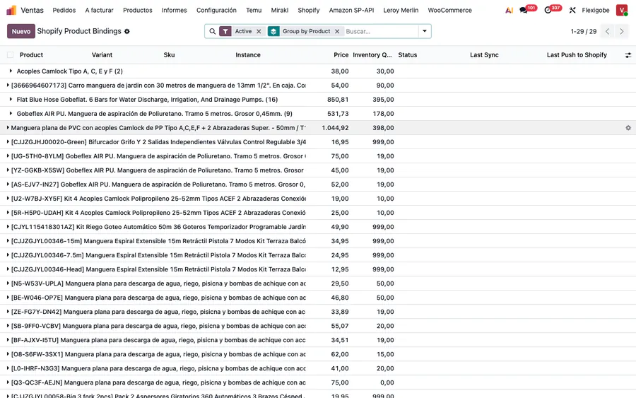 Vinculaciones de productos entre Shopify y Odoo, con precio, inventario y estado de la última sincronización.