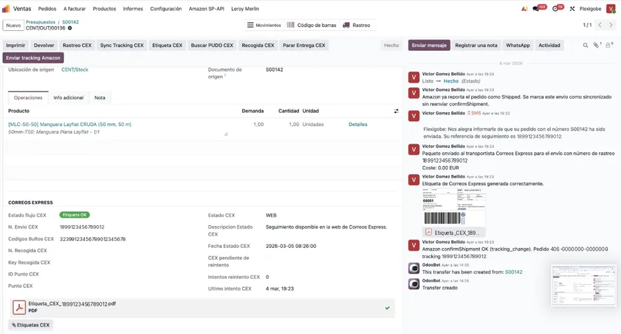 Envío de Correos Express dentro de Odoo, con el número de seguimiento, el estado del reparto y el historial de mensajes.