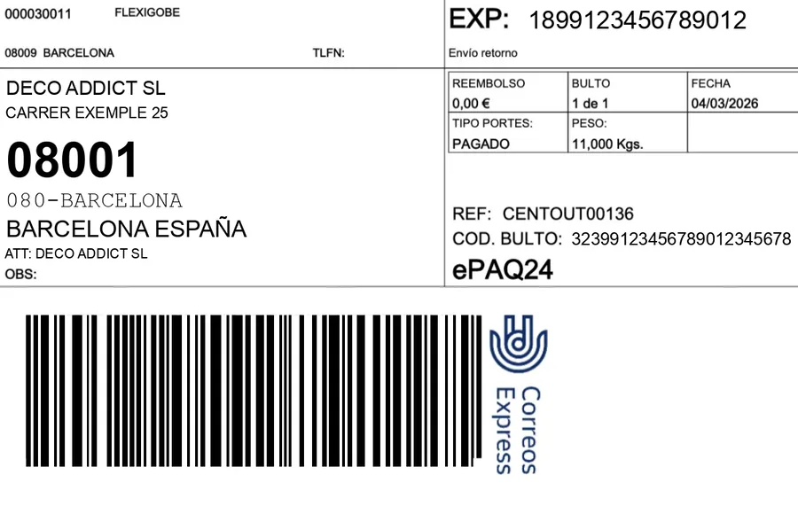 Etiqueta de envío generada desde un albarán de Odoo con su código de barras y número de seguimiento