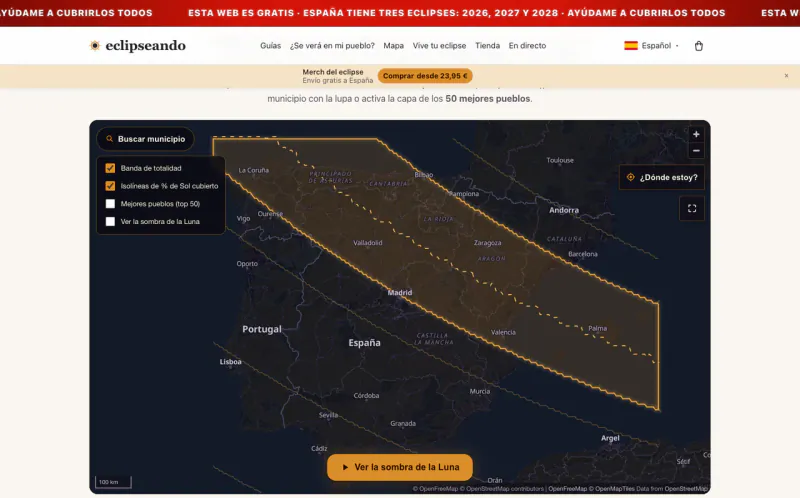 Mapa del eclipse de 2026 en eclipseando.com, con la franja de totalidad sobre España y la búsqueda por municipio.