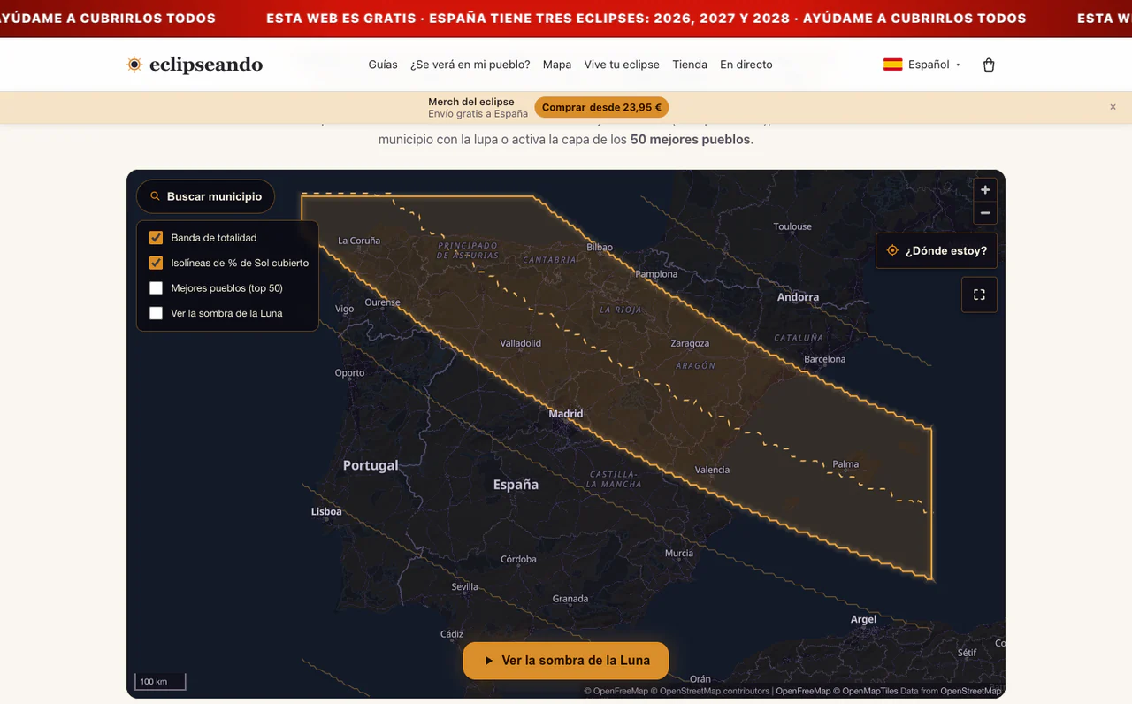 Mapa interactivo de eclipseando.com, proyecto propio: la banda de totalidad sobre España, el buscador de municipio y las capas conmutables.