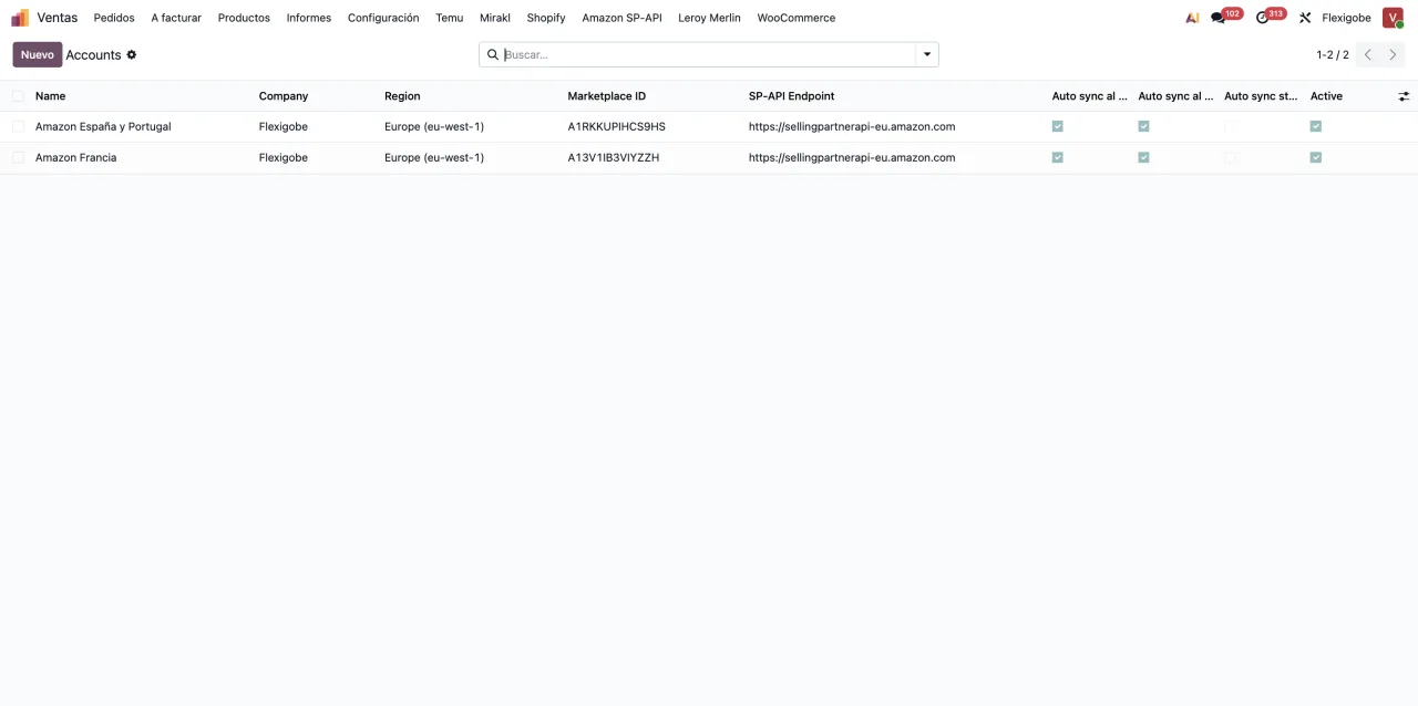 Lista de cuentas SP-API en Odoo con región eu-west-1, marketplace id y endpoint de Amazon