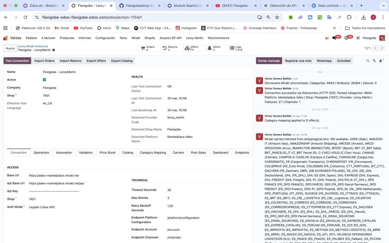 Instancia Leroy Merlin del conector Mirakl en Odoo: host adeo-marketplace.mirakl.net, tienda 7401, plataforma detectada Marketplace Adeo y el chatter con 4.844 categorías, 35.364 atributos y 165 transportistas sincronizados