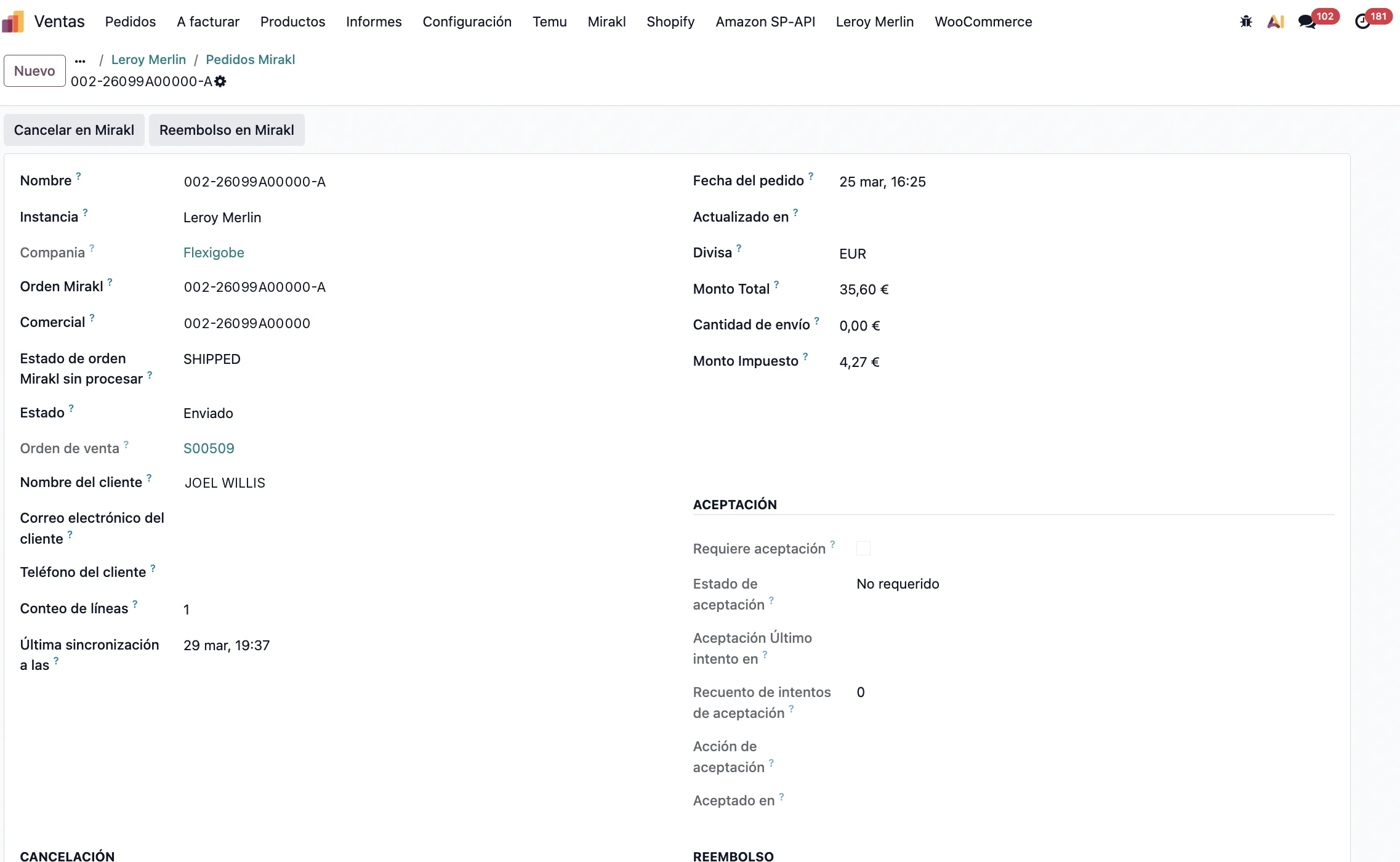 Pedido Mirakl en Odoo: estado bruto SHIPPED, estado Enviado, pedido de venta S00509, 35,60 € con 4,27 € de impuesto, y los botones Cancelar en Mirakl y Reembolso en Mirakl