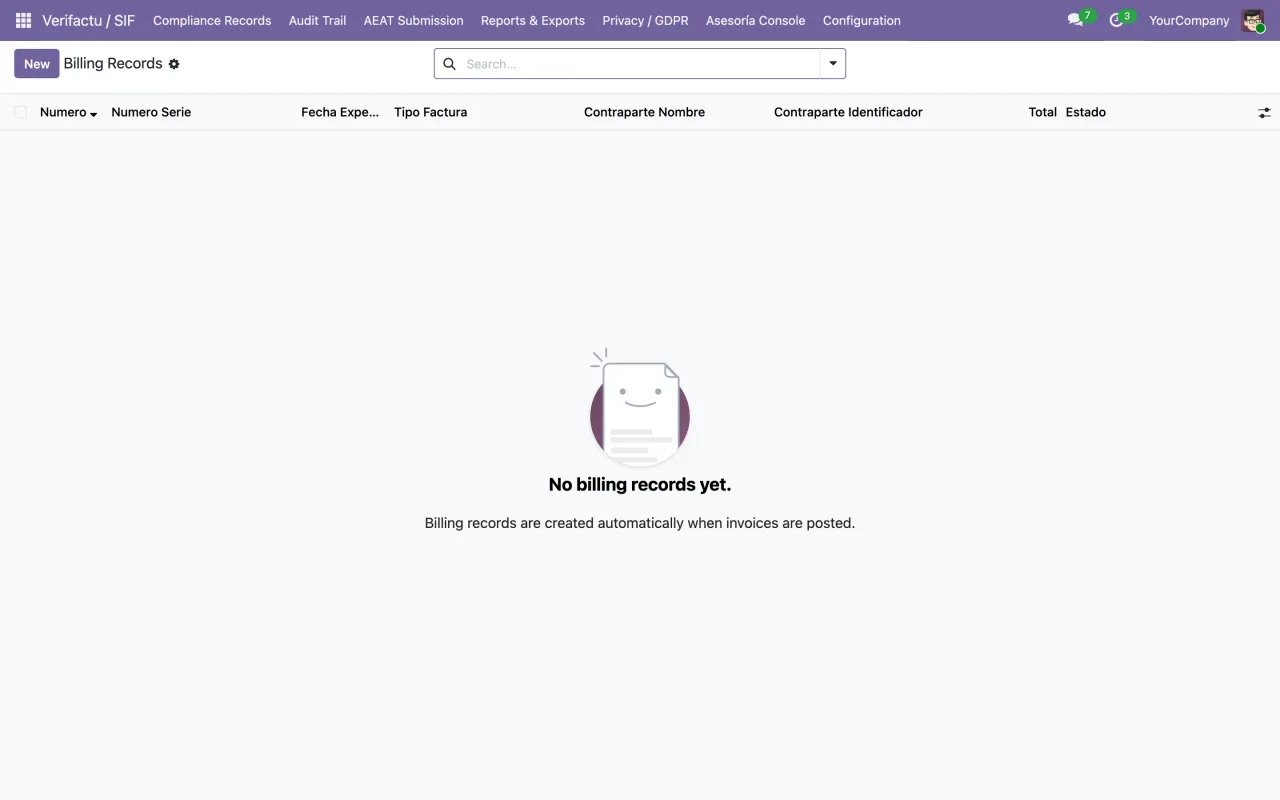Lista vacía de registros de facturación en Odoo 19 con las columnas número, número de serie, fecha de expedición, tipo de factura y estado