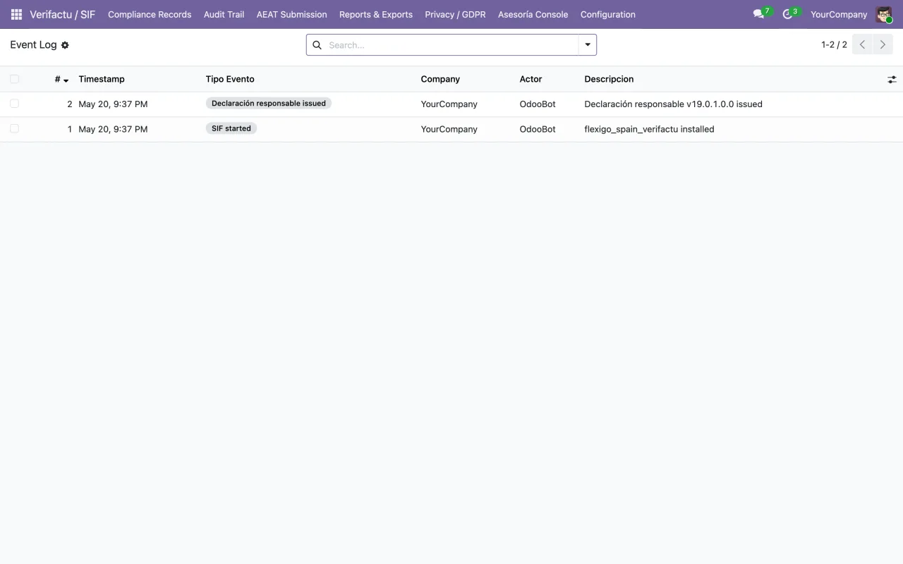 Registro de eventos del módulo VeriFactu en Odoo con el alta del sistema de facturación y la emisión de la declaración responsable