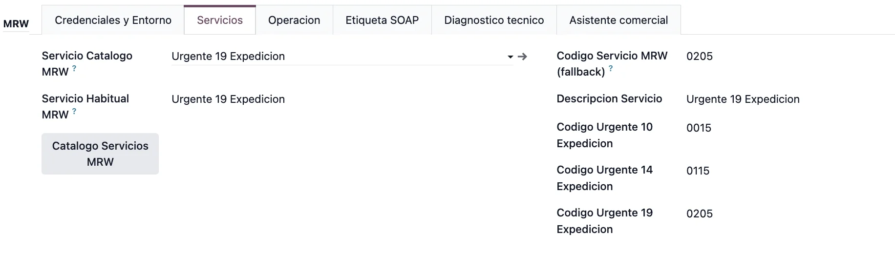 Captura real de la pantalla de configuración de un servicio en la app de Servicios de Odoo