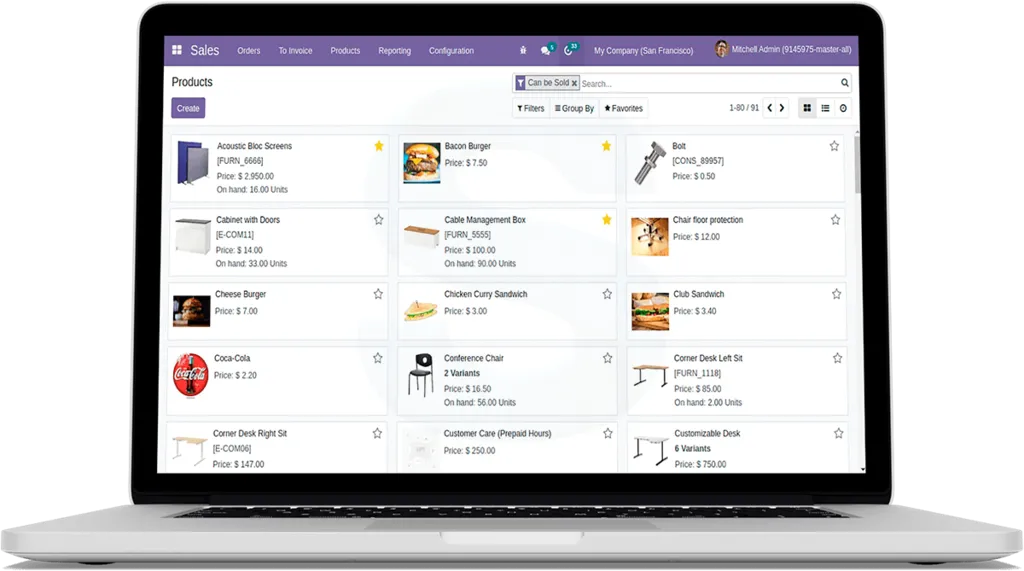 Panel de productos y ecommerce en Odoo